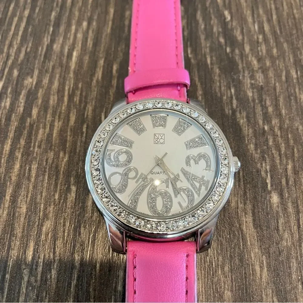 NY&CO Bright Pink Leather Band Watch w/ Rhinestone Face